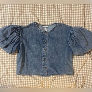Future Collective Denim Puff Sleeve Button-Up Top